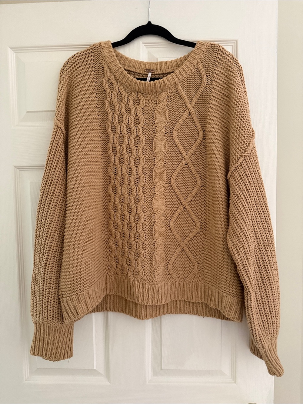 Free People Textured Cable Crewneck Sweater in Camel Tan